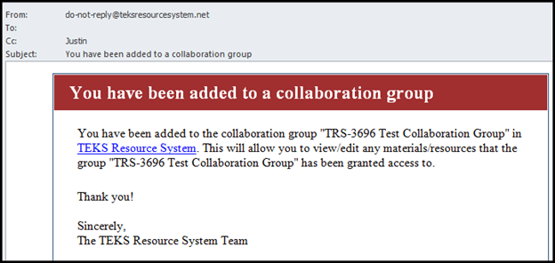 a sample system generated email containing a message notifying a user about being added to a collaboration group
