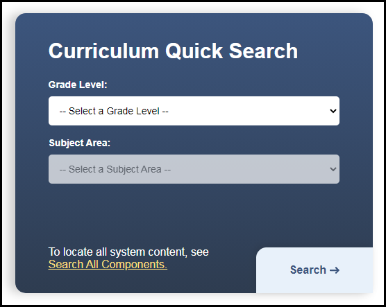 curriculum quick search box with grade level and subject area search filters