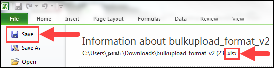 the file tab of an excel spreadsheet with an arrow pointing to the save button and an outline around the file format