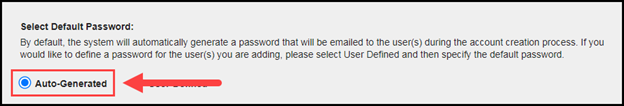 the select a default password section of the page with an arrow pointing to the auto-generated option that has been selected