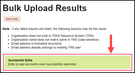 the bulk upload results page with an arrow pointing to the successful edits
