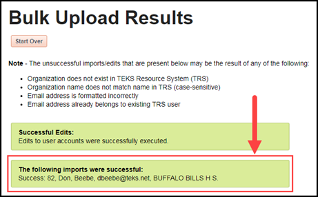 the bulk upload results page with an arrow pointing to the successful imports