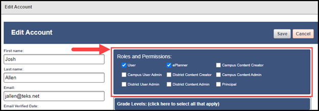 the edit user account modal with an arrow pointing to the user roles and permissions section