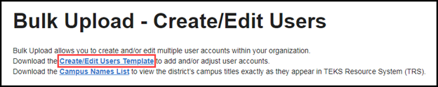 top of the bulk upload page with an outline around the create / edit users template link