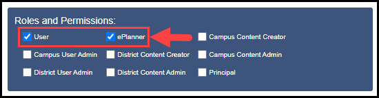the roles and permissions section with an arrow pointing to the default selections