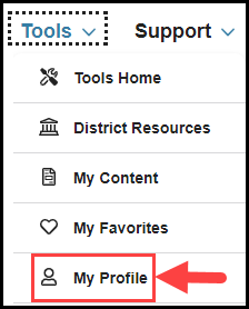 tools drop down menu with arrow pointing to my profile option