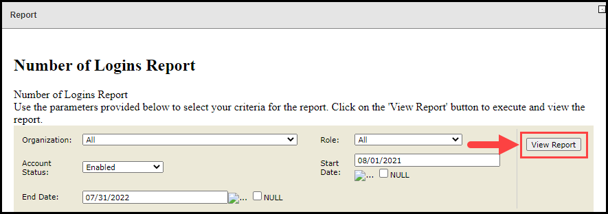 login report modal with arrow pointing to view report button