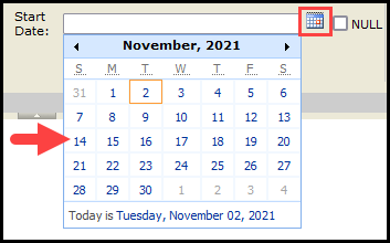 the opened start date selector filter with an outline around the calendar icon and an arrow pointing to november fourteenth on the calendar tool