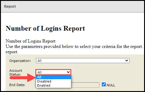 login report modal with account status field outlined and arrow pointing to the all option