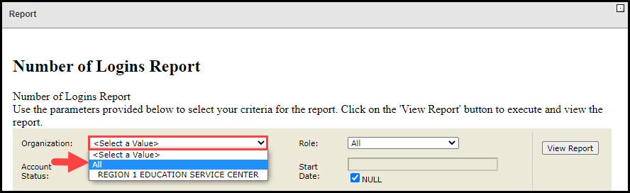 number of logins report modal with organization filter outlined and arrow pointing to the all option