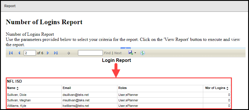 login report modal with report results list outlined and arrow pointing to it