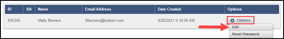 search results section of account administration page with the options button highlighted and an arrow pointing to the edit option