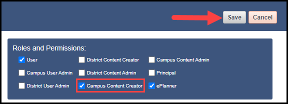 user roles and permissions section displaying all possible user roles with a check box next to each one