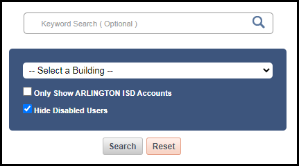key word search bar and select a building drop down filter menu