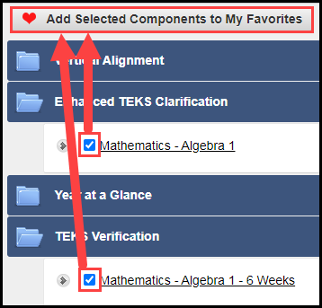 curriculum quick search results list with checked boxes next to each document and arrows pointing from the boxes to the add selected components to my favorites button