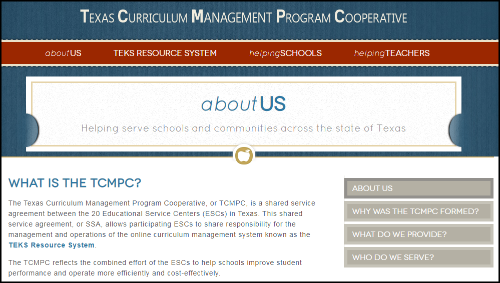 image of about us page on texas curriculum management program cooperative website