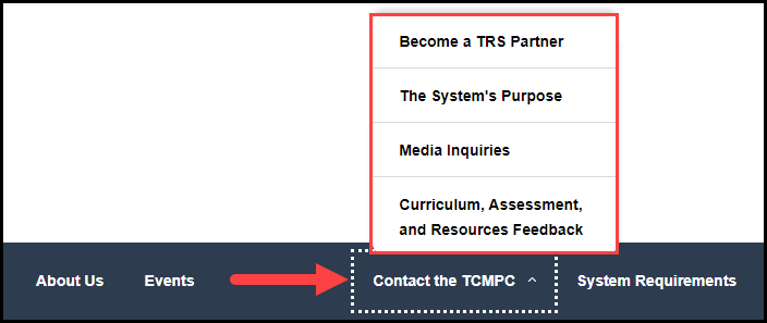 teks resource system website footer navigation menu with opened contact the tcmpc drop down with available menu options outlined