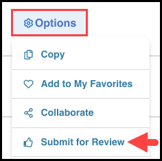 the expanded options menu for a sample instructional focus document with an outline around the options button and an arrow pointing to the submit for review option