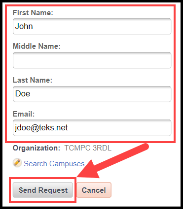 request a change modal with text entry fields outlined and arrow pointing to send request button