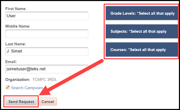 arrow pointing to send request button