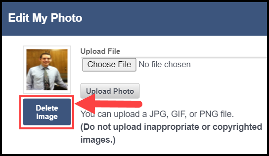 edit my photo modal with arrow pointing to delete image button
