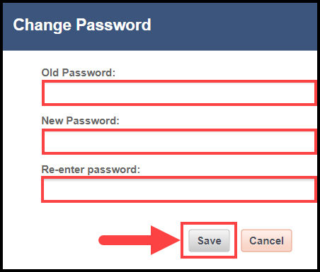 change password modal with text entry fields outlined and arrow pointing to save button