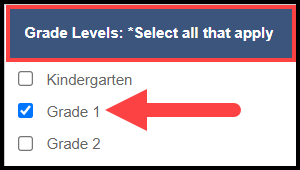 grade levels bar outlined with arrow pointing to checked grade 1 option