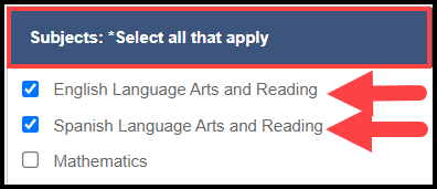 subjects bar outlined with arrows pointing to checked english and spanish options