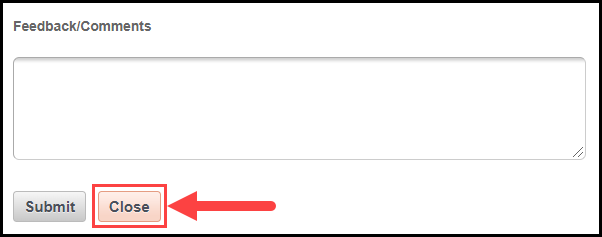 submit feedback modal with arrow pointing to close button at bottom of window