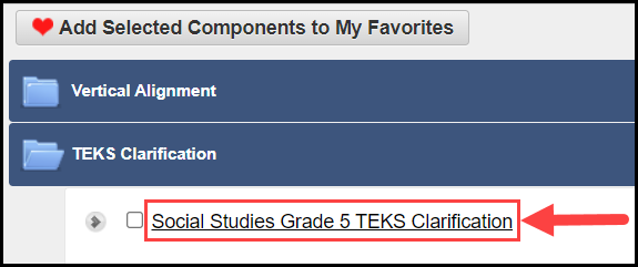 curriculum quick search results list with arrow pointing to sample document title beneath teks clarification folder