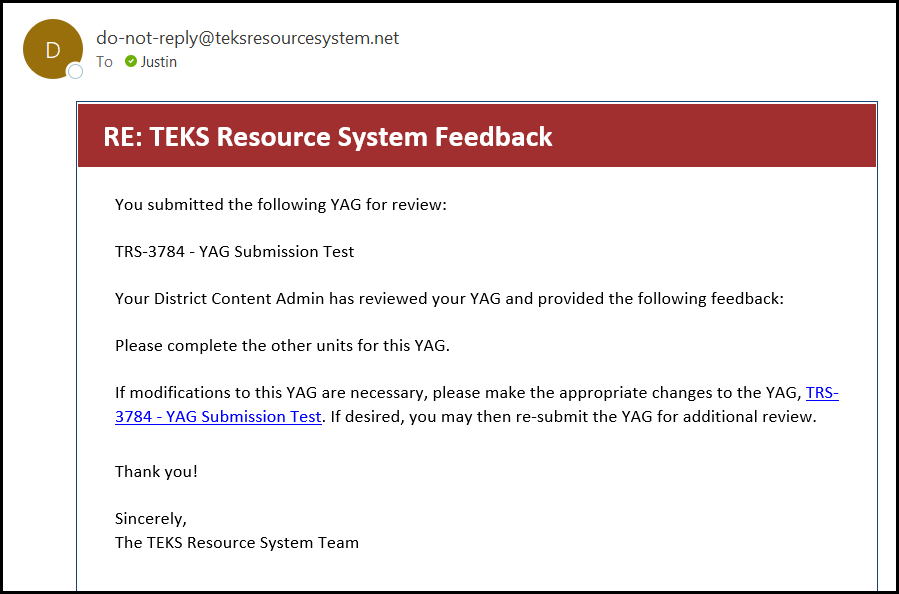 system generated email with a sample feedback message containing a hyperlink to the sample yag itself