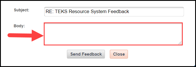 send feedback email window with an arrow pointing to the body text entry field