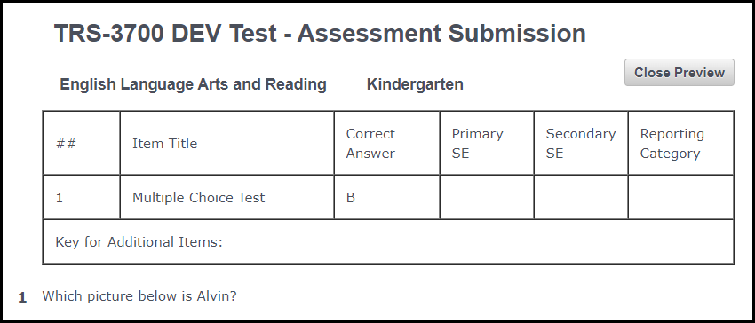 preview of a sample assessment and the close preview button displayed in upper right corner of the image