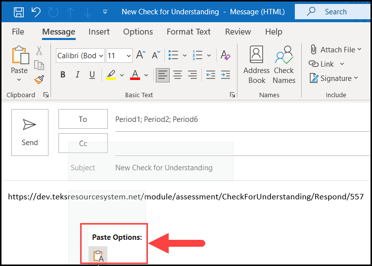 sample email message window displaying the check for understanding link in the message area and an arrow pointing to the paste option