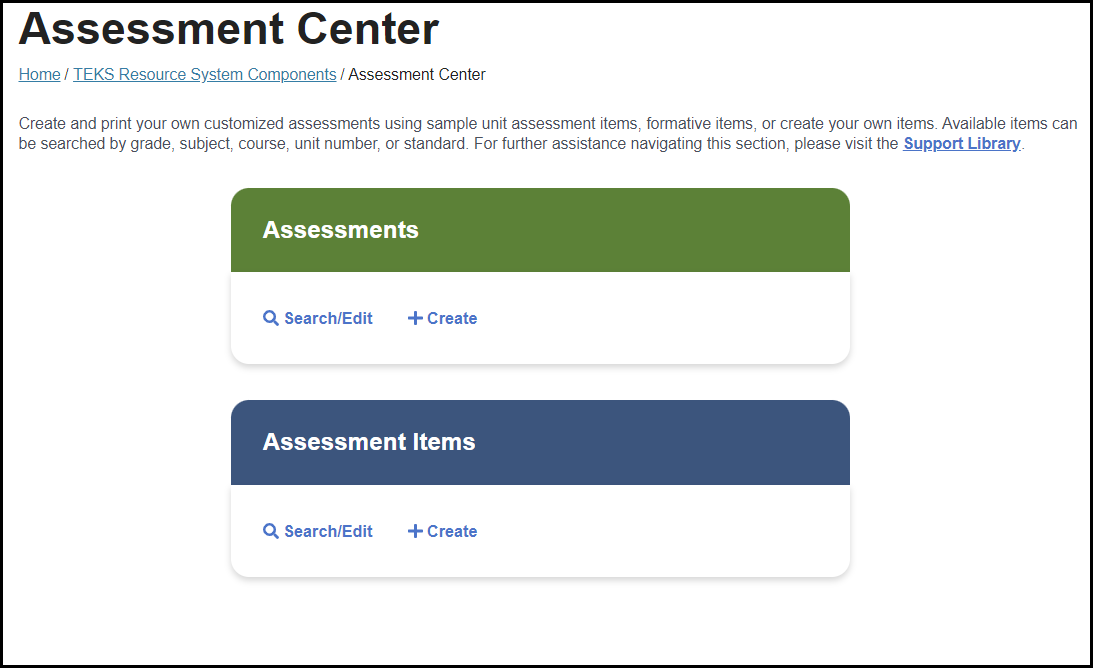assessment center landing page with the check for understanding section ommitted