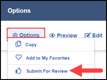 a sample plan's opened options button menu with an arrow pointing to submit for review
