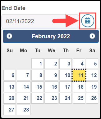 standards addressed search filter section displaying the opened calendar date selector tool