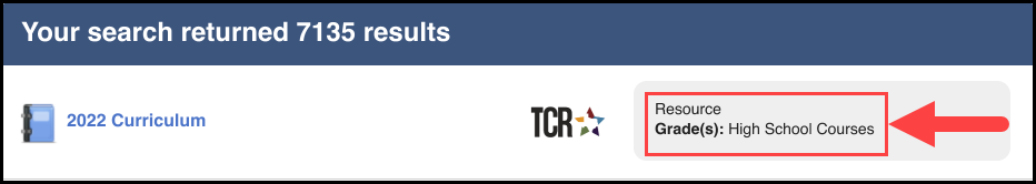 components search results list displaying a row containing a sample component and an outline around the component type and grade level designations