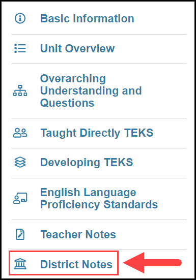 instructional focus document navigation menu with an arrow pointing to district notes option