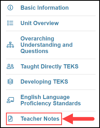 instructional focus document navigation menu with an arrow pointing to teacher notes option