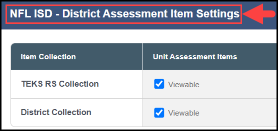 expanded assessment item settings bar with an arrow pointing to the district title
