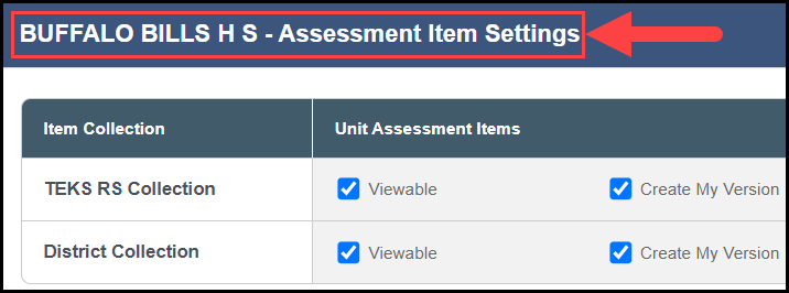 expanded campus assessment item settings bar with an arrow pointing to the campus title