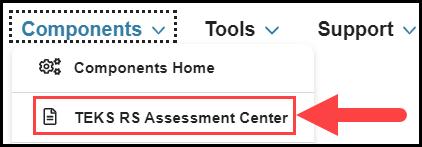opened components navigation drop down menu with an arrow pointing to the assessment center option