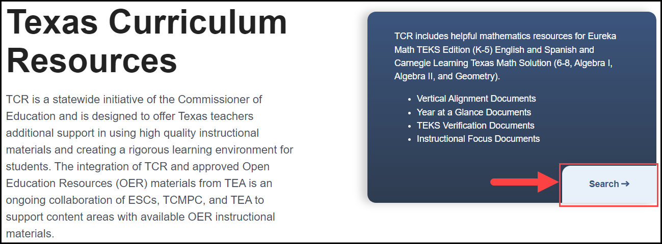 texas curriculum resources homepage view with t c r tab selected and an arrow pointing to the search button