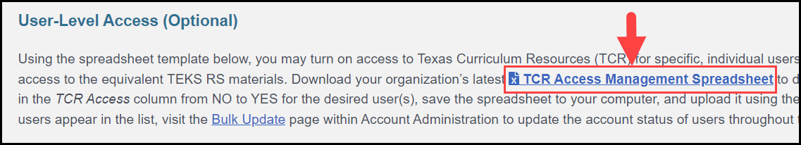 user level access section of t c r content access page with an arrow pointing to the downloadable t c r access management spreadsheet file link