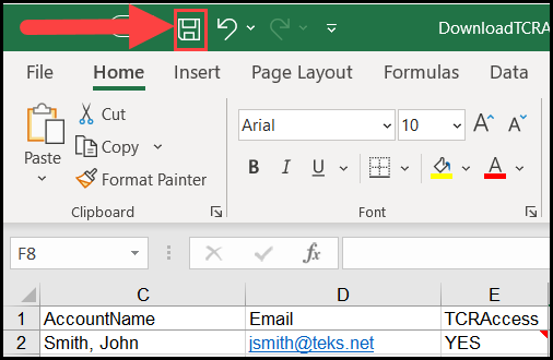 top left corner of excel spreadsheet menu with an arrow pointing to the save icon