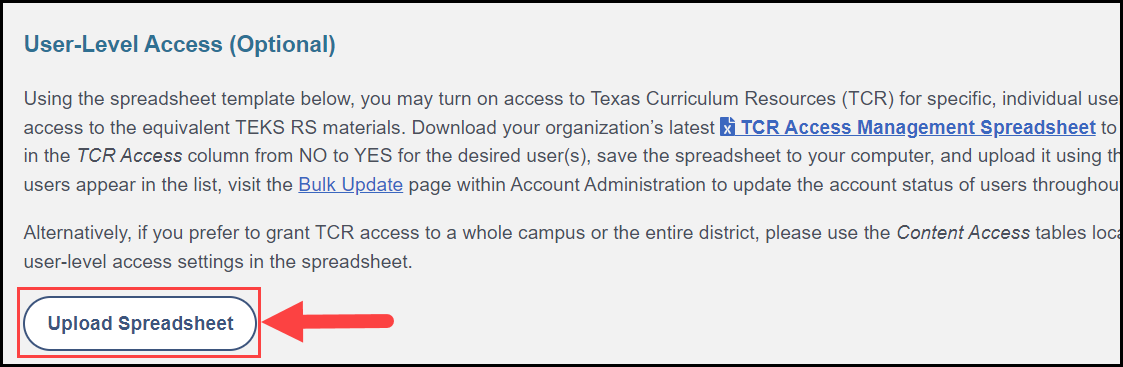 user level access section of t c r content access page with an arrow pointing to the upload spreadsheet button