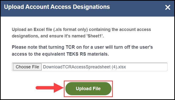 upload account access designations pop up modal with an arrow pointing to the upload file button