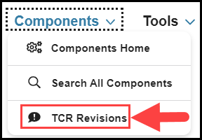 opened components navigation drop down menu with an arrow pointing to the t c r revisions option