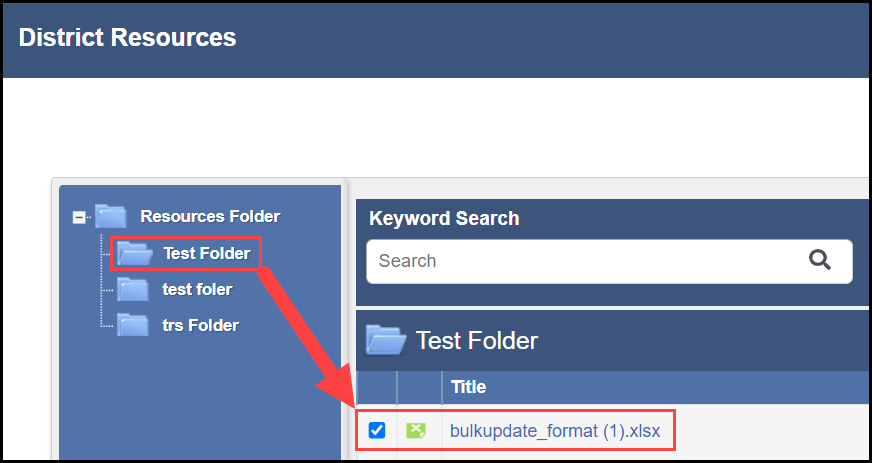district resources modal with a sample folder highlighted in the left hand menu and an arrow pointing to the checked box associated with a district resource file